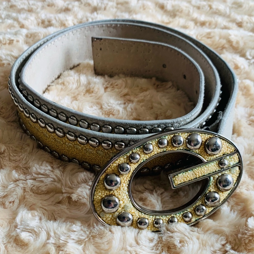 GUESS Vintage Silver Stud Cream Leather Suede G Logo Belt Size XL